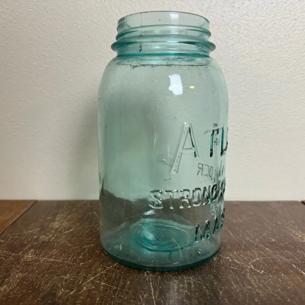 Vintage Atlas Strong Shoulder Mason Jar Aqua Blue Glass‎ 1 Quart Hazel-Atlas